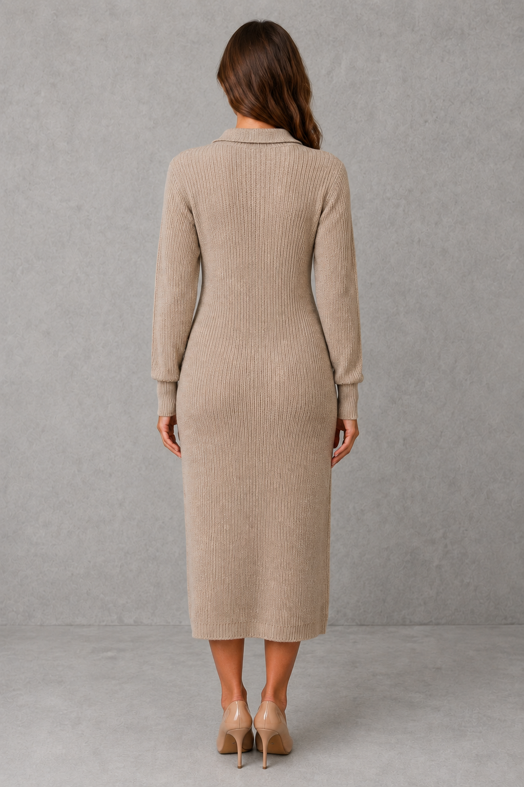 Women's Polo Neck Knitted Midi Jumper Dress with Button Placket