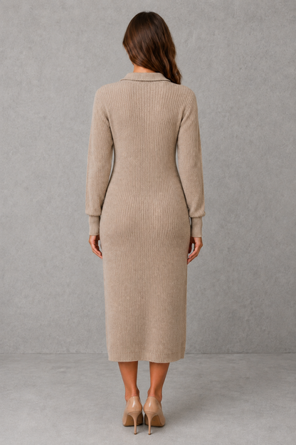 Women's Polo Neck Knitted Midi Jumper Dress with Button Placket