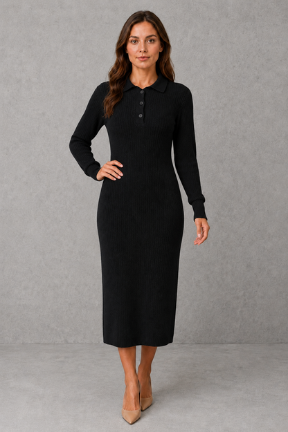 Women's Polo Neck Knitted Midi Jumper Dress with Button Placket