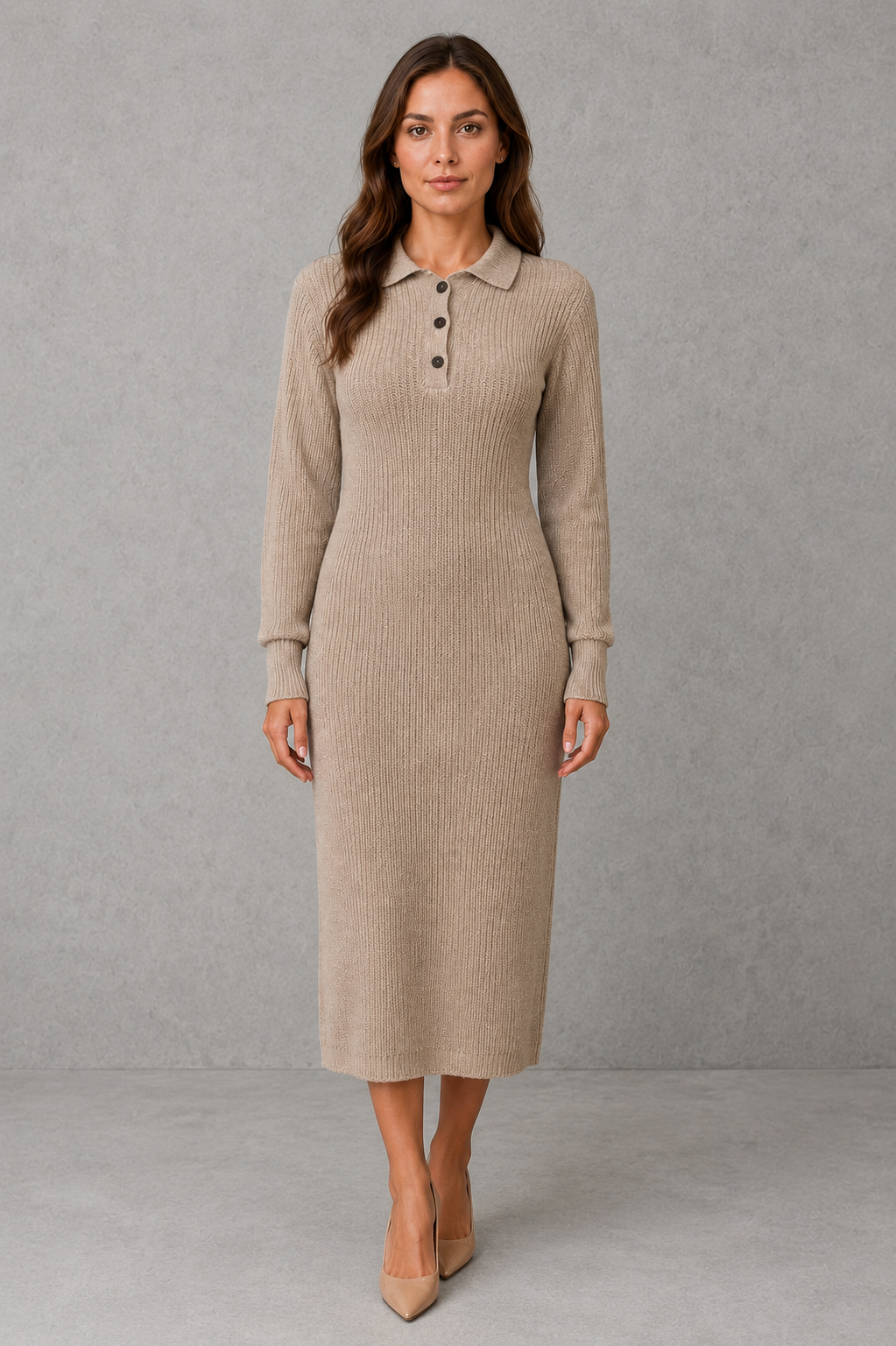 Women's Polo Neck Knitted Midi Jumper Dress with Button Placket