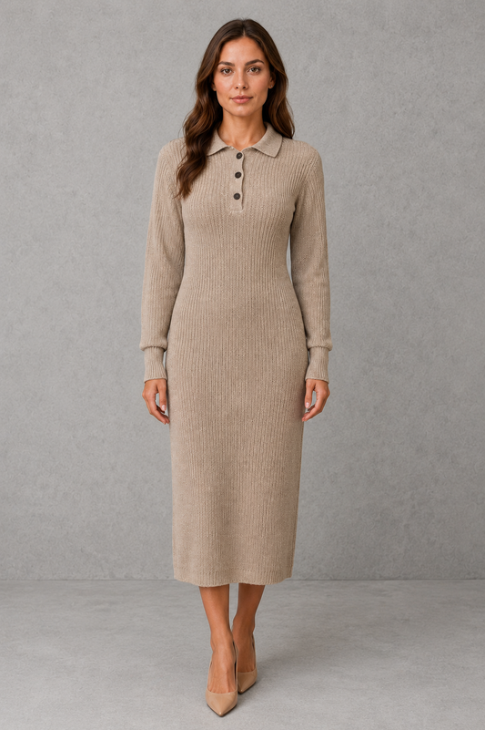 Women's Polo Neck Knitted Midi Jumper Dress with Button Placket