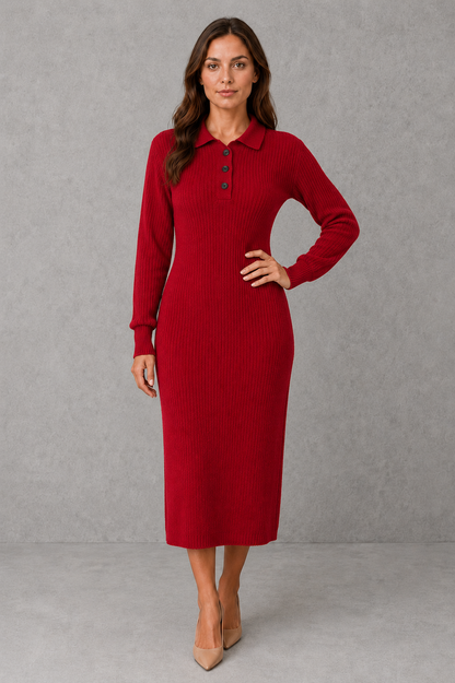 Women's Polo Neck Knitted Midi Jumper Dress with Button Placket