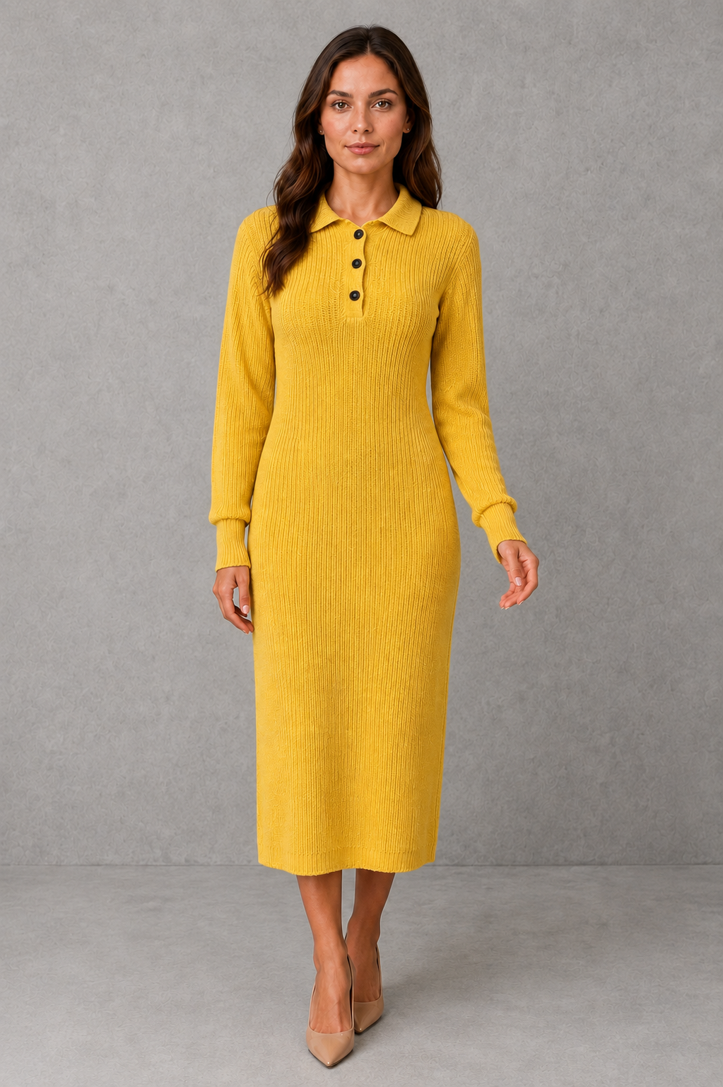 Women's Polo Neck Knitted Midi Jumper Dress with Button Placket
