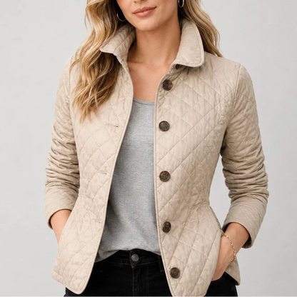 Women's quilted button up jacket with stand collar front view