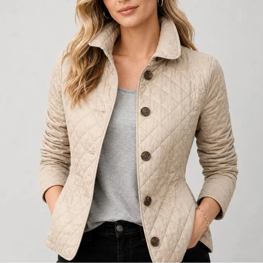 Women's quilted button up jacket with stand collar front view
