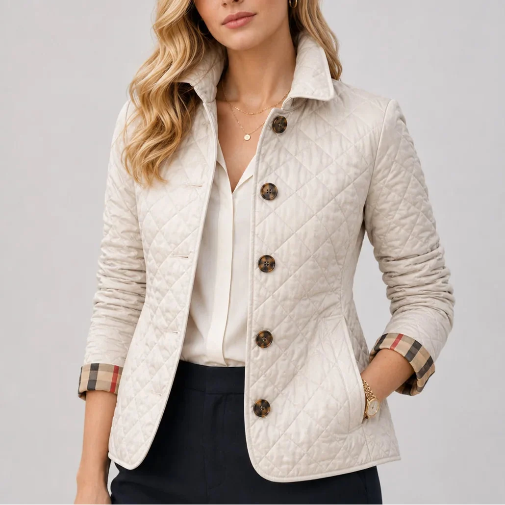 Women's quilted jacket stand collar detail