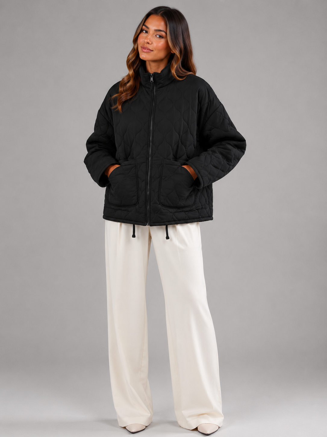 Women's Quilted High-Neck Zip Utility Jacket
