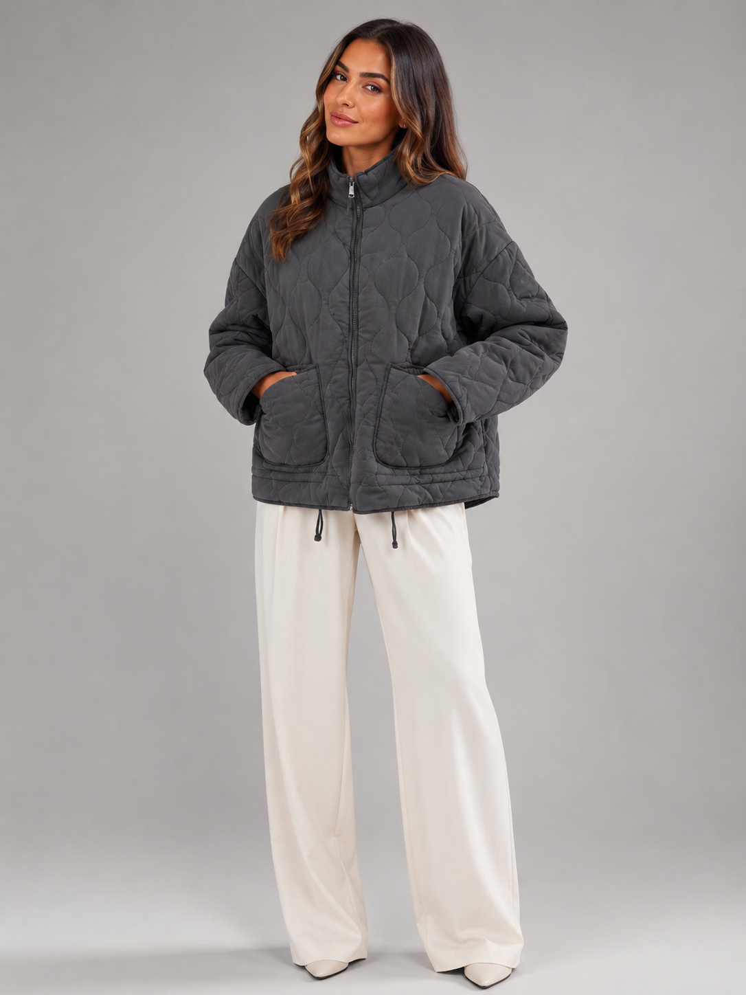 Women's Quilted High-Neck Zip Utility Jacket