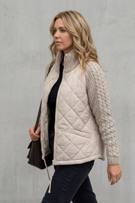 Women's Quilted Hybrid Puffer Cable-Knit Jacket