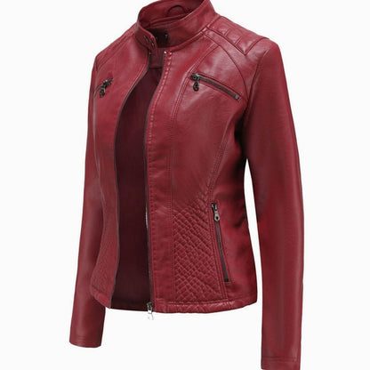 Women's Quilted Leather Jacket with Biker Collar & Zip Front