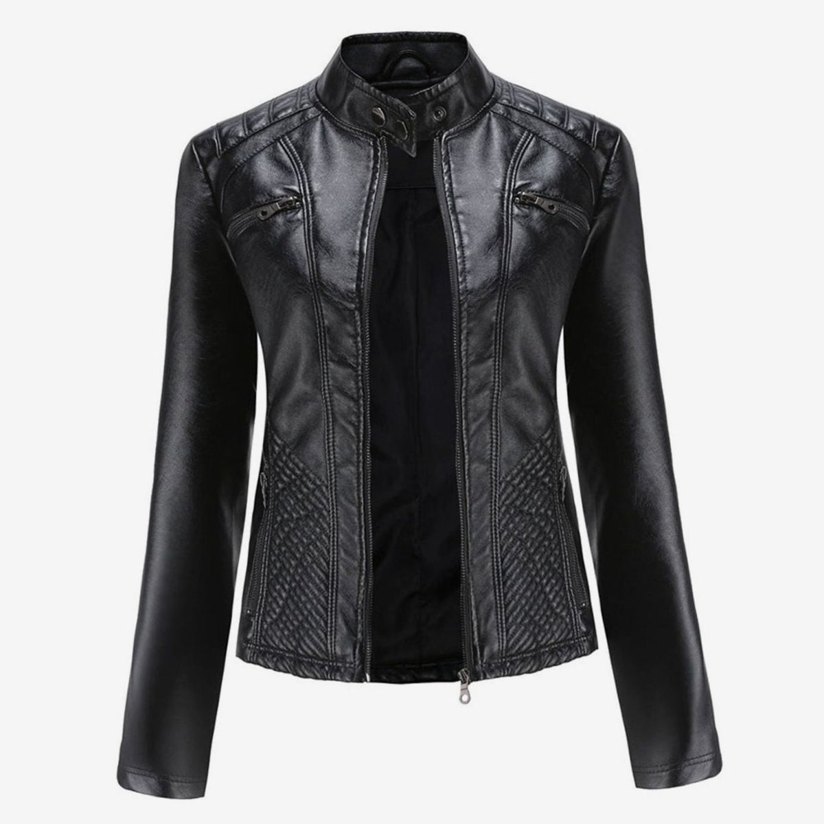 Women's Quilted Leather Jacket with Biker Collar & Zip Front