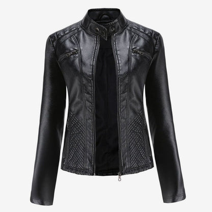 Women's Quilted Leather Jacket with Biker Collar & Zip Front