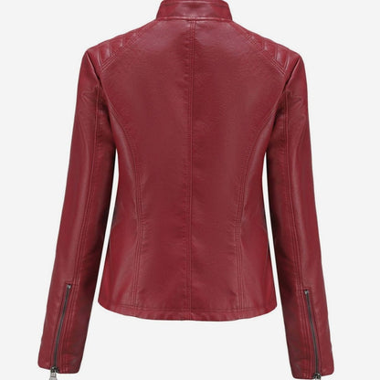 Women's Quilted Leather Jacket with Biker Collar & Zip Front