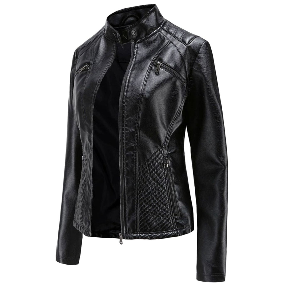 Women's Quilted Leather Jacket with Biker Collar & Zip Front