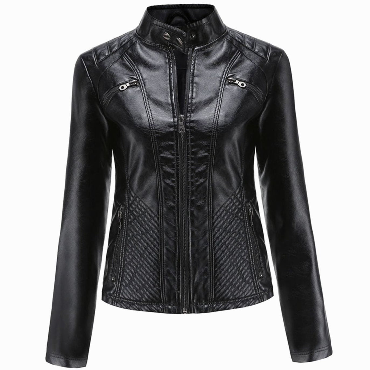 Women's Quilted Leather Jacket with Biker Collar & Zip Front