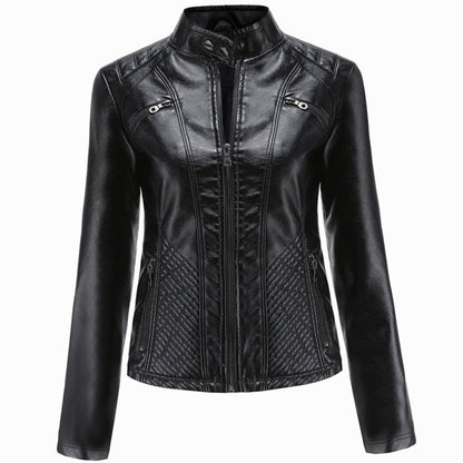 Women's Quilted Leather Jacket with Biker Collar & Zip Front