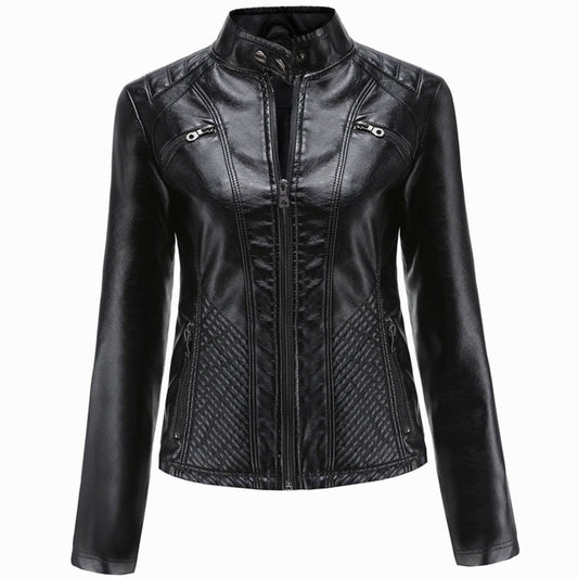 Women's Quilted Leather Jacket with Biker Collar & Zip Front