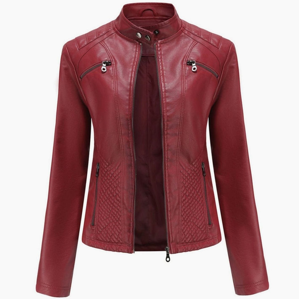 Women's Quilted Leather Jacket with Biker Collar & Zip Front
