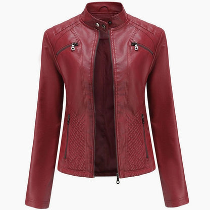 Women's Quilted Leather Jacket with Biker Collar & Zip Front