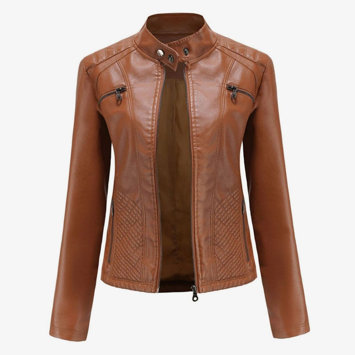 Women's Quilted Leather Jacket with Biker Collar & Zip Front