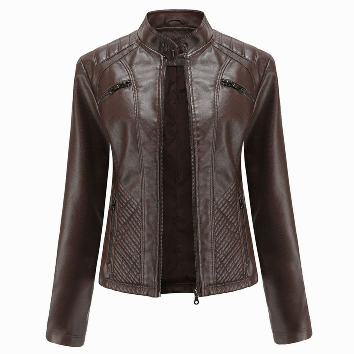 Women's Quilted Leather Jacket with Biker Collar & Zip Front