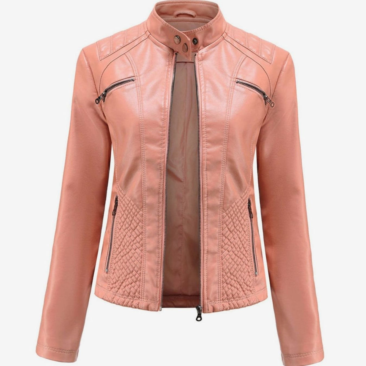 Women's Quilted Leather Jacket with Biker Collar & Zip Front
