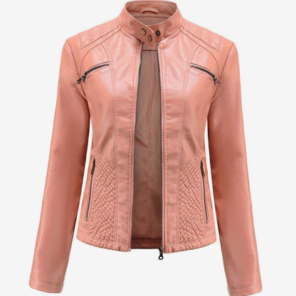 Women's Quilted Leather Jacket with Biker Collar & Zip Front
