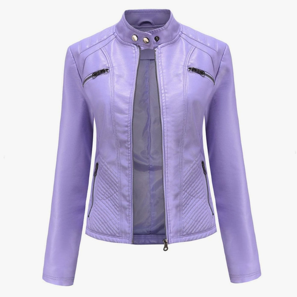 Women's Quilted Leather Jacket with Biker Collar & Zip Front