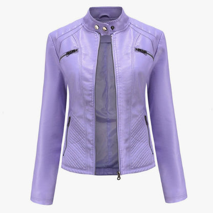 Women's Quilted Leather Jacket with Biker Collar & Zip Front