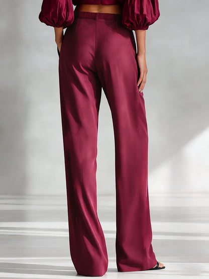 Women's Elegant Satin Wide Leg Trousers with Side Pockets