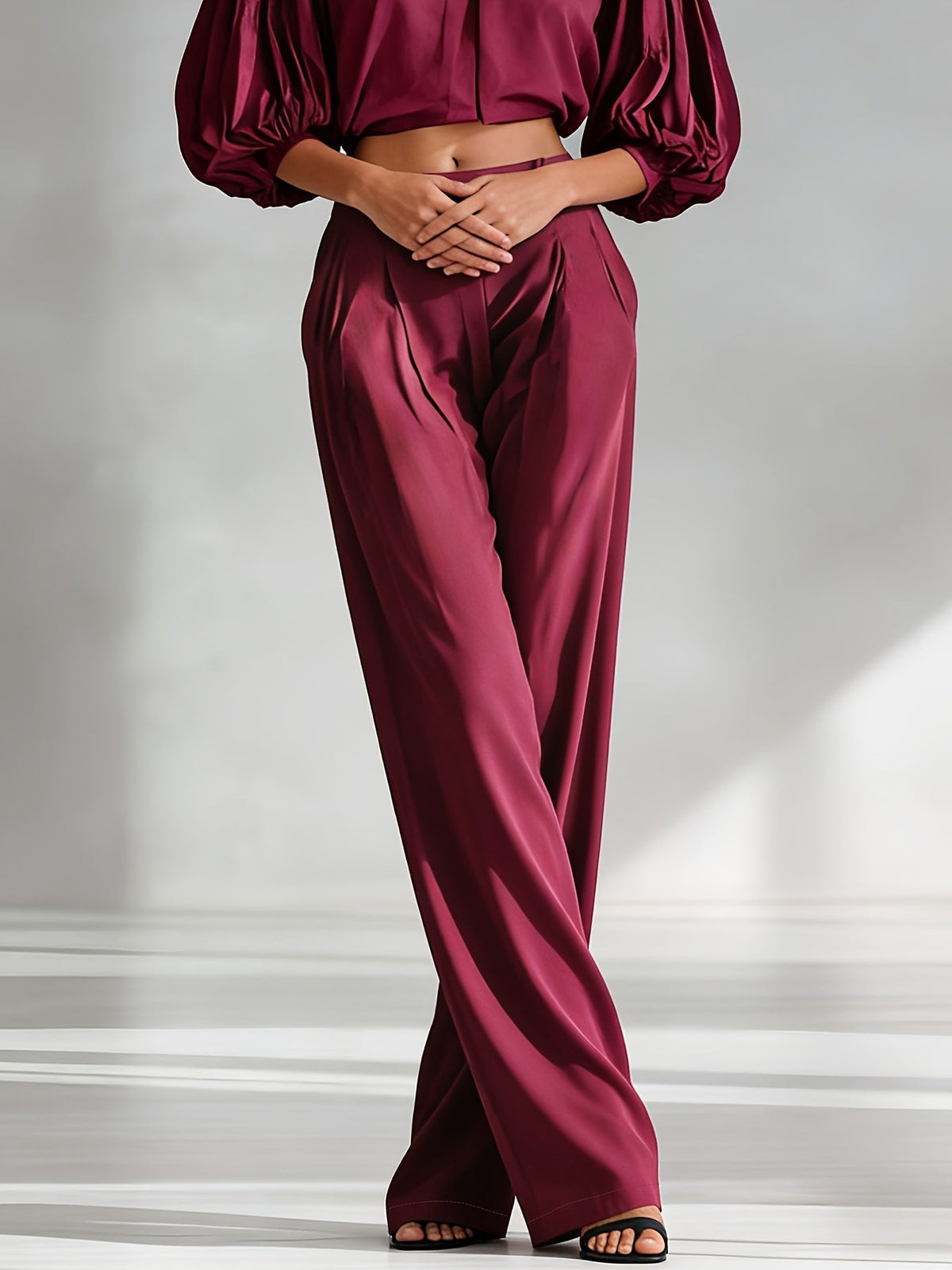 Women's Elegant Satin Wide Leg Trousers with Side Pockets