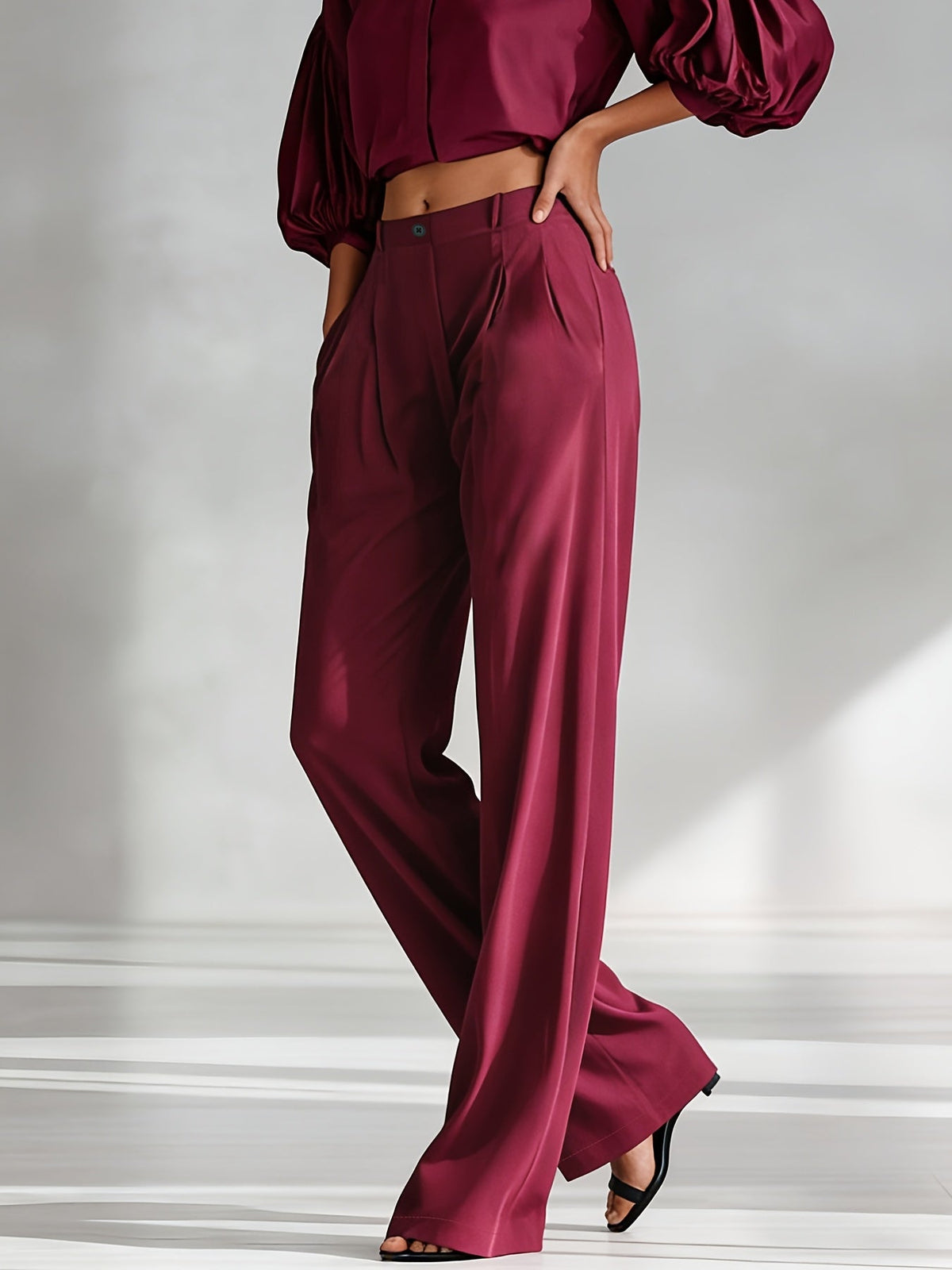 Women's Elegant Satin Wide Leg Trousers with Side Pockets