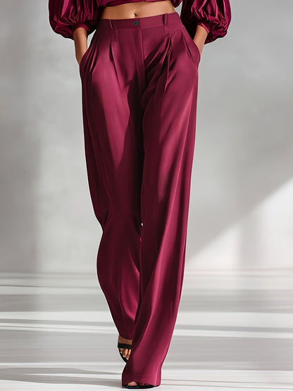 Women's Elegant Satin Wide Leg Trousers with Side Pockets