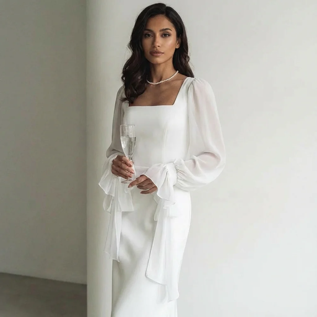 Women's Registry Office Wedding Dress with Long Chiffon Sleeves