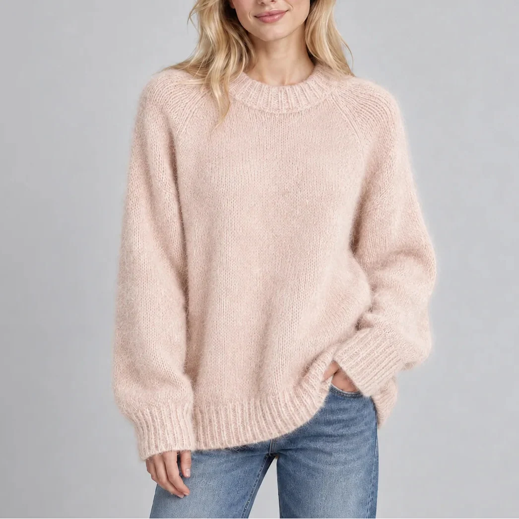 Women's Relaxed Fit Fluffy Crew Neck Knit Jumper