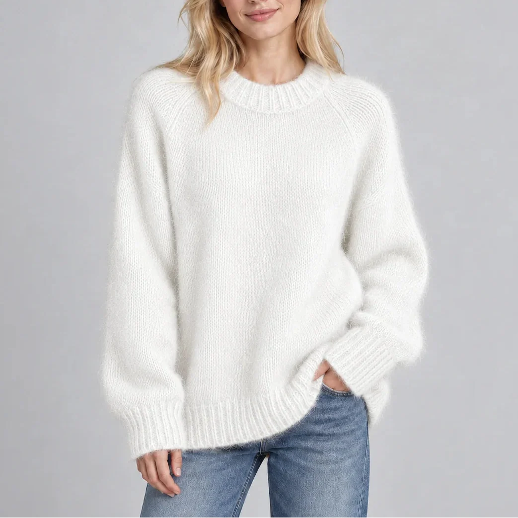 Women's Relaxed Fit Fluffy Crew Neck Knit Jumper