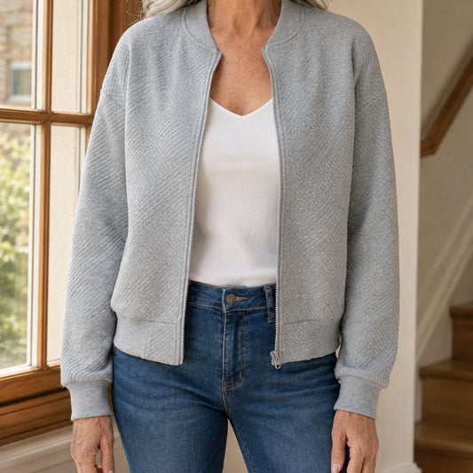 Women's Relaxed-Fit Geometric-Texture Full-Zip Bomber Jacket