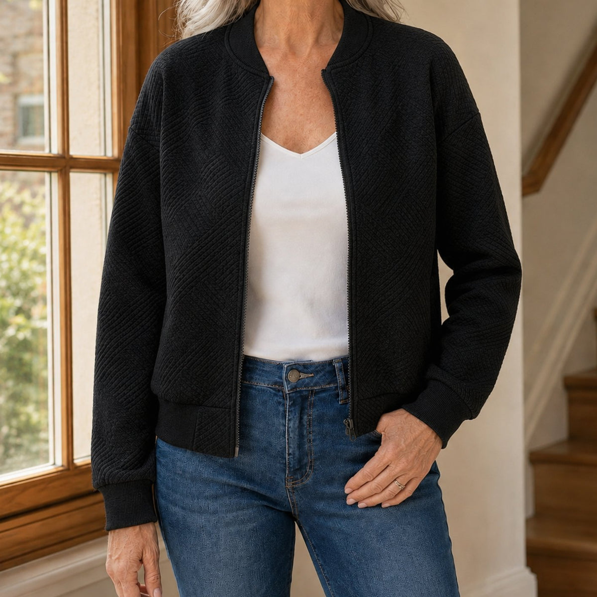Women's Relaxed-Fit Geometric-Texture Full-Zip Bomber Jacket