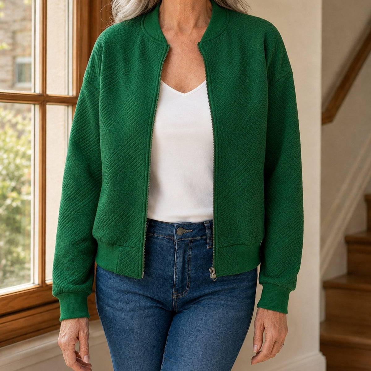 Women's Relaxed-Fit Geometric-Texture Full-Zip Bomber Jacket