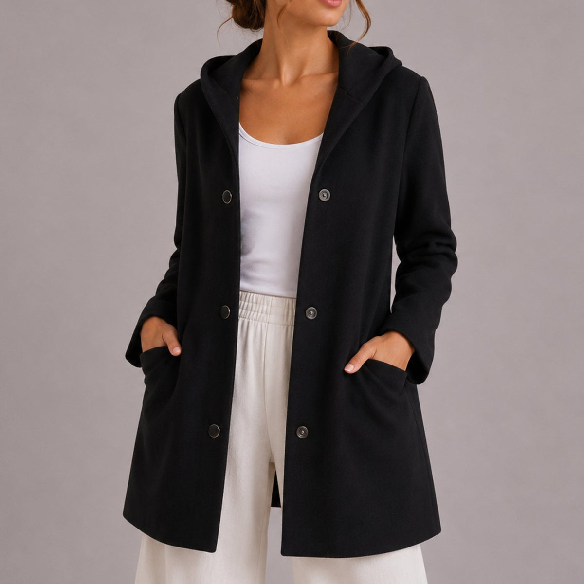 Women's Relaxed Fit Hooded Button Up Knit Cardigan with Pockets