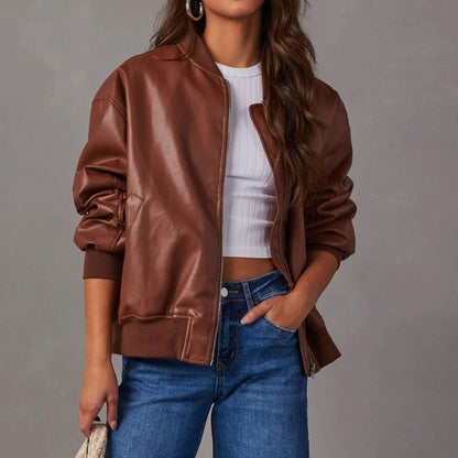 Women's Relaxed-Fit Zip-Up Vegan Leather Bomber Jacket