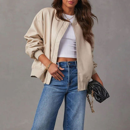 Women's Relaxed-Fit Zip-Up Vegan Leather Bomber Jacket