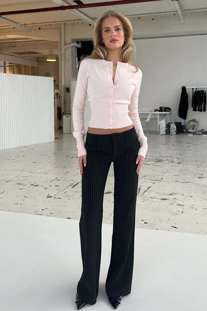 Women's Ribbed Button Front Crew Neck Cardigan