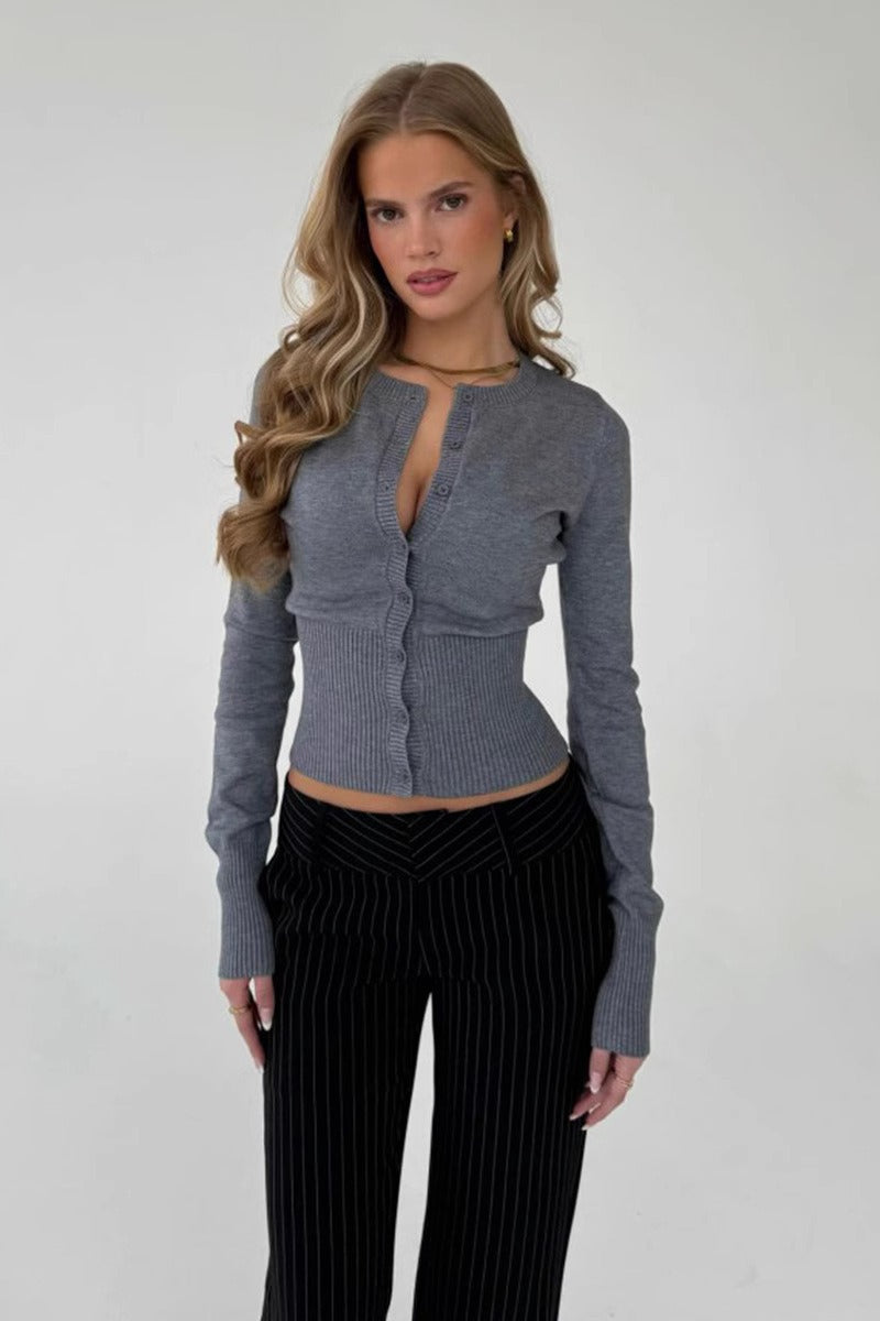 Women's Ribbed Button Front Crew Neck Cardigan