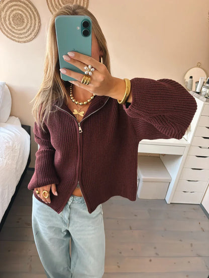 Women's Ribbed Collared Zip Front Cardigan