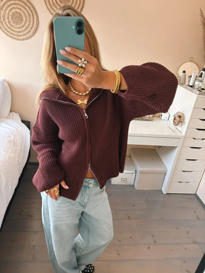 Women's Ribbed Collared Zip Front Cardigan