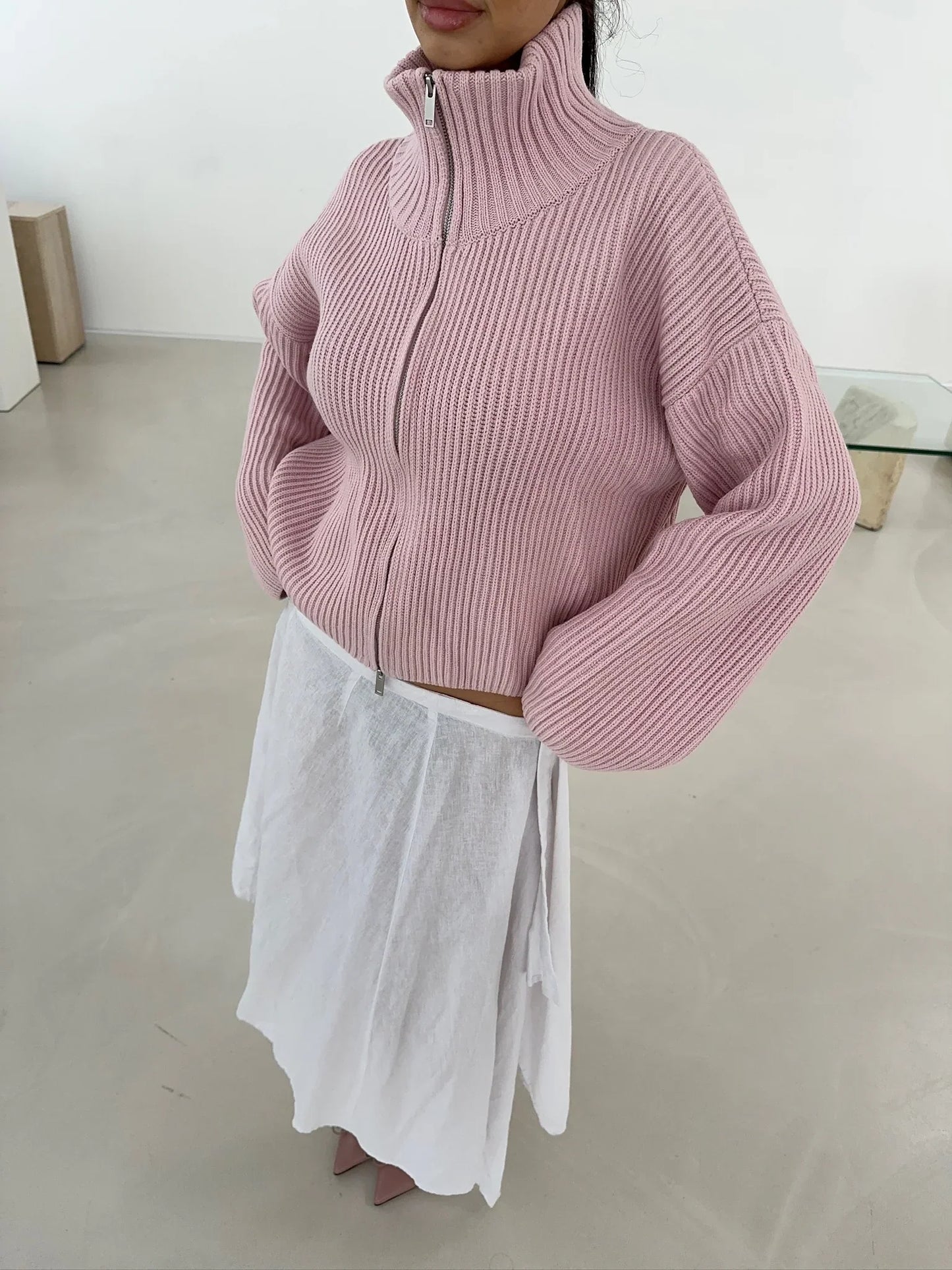 Women's Ribbed Funnel Neck Zip Up Cardigan
