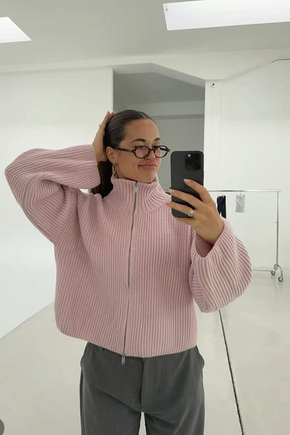 Women's Ribbed Funnel Neck Zip Up Cardigan
