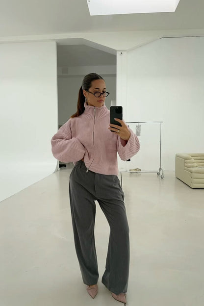Women's Ribbed Funnel Neck Zip Up Cardigan
