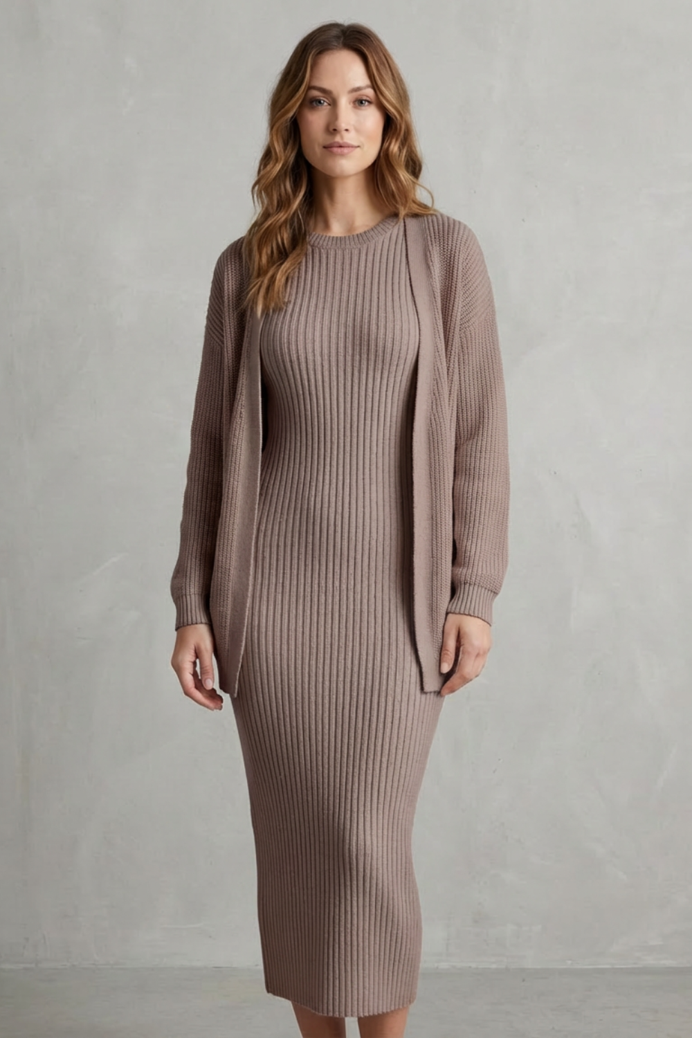 Women's Ribbed Knit Jumper Dress and Cardigan Two-Piece Set